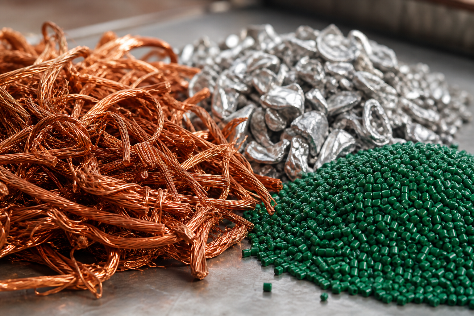 Recovered copper, aluminum and plastic granules from industrial recycling