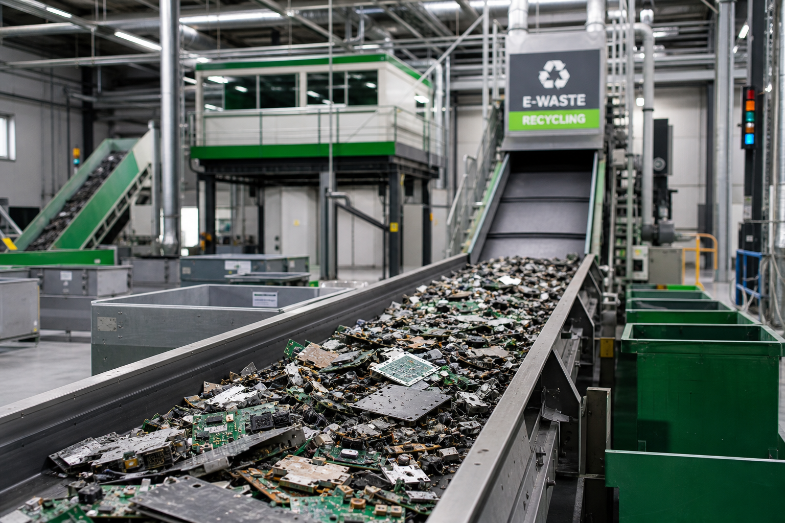 Semi-automated e-waste recycling facility at MMR with sorted materials for processing